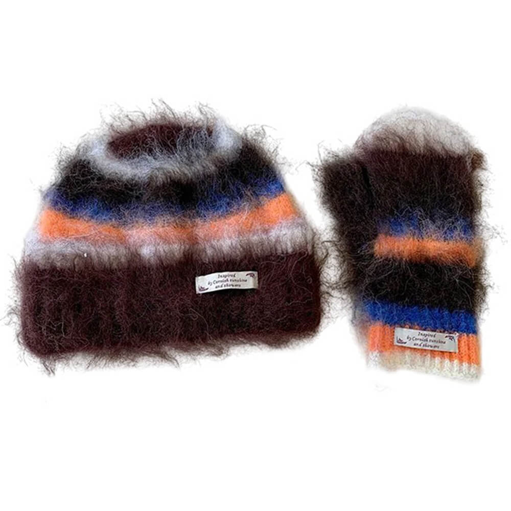 fuzzy striped beanie hat and gloves set boogzel clothing