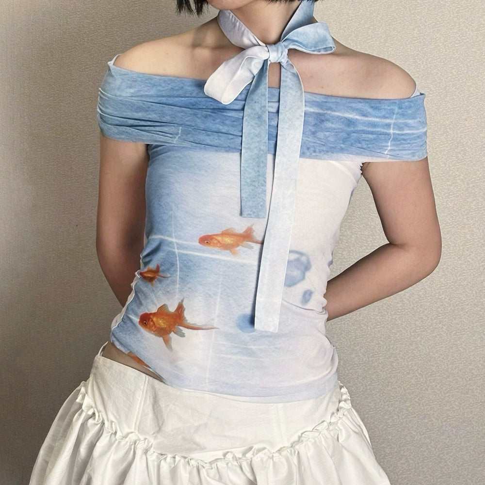 goldfish print off shoulder top boogzel clothing