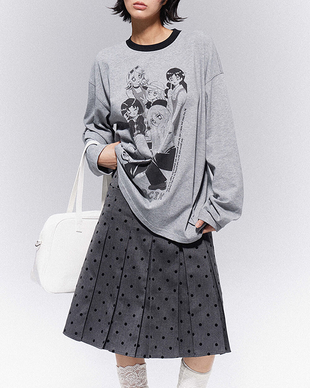 grey polka dot pleated skirt boogzel clothing