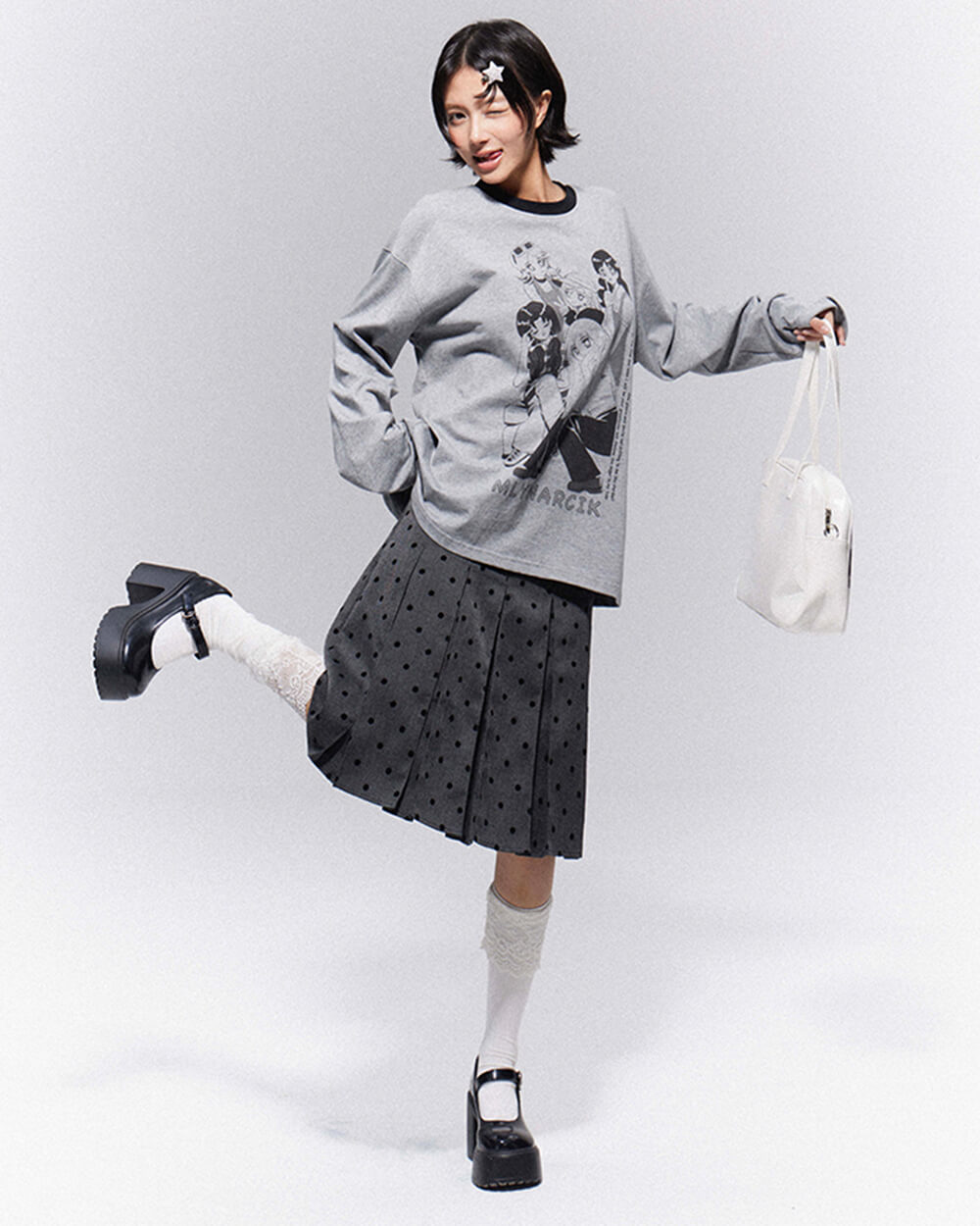 grey polka dot pleated skirt boogzel clothing