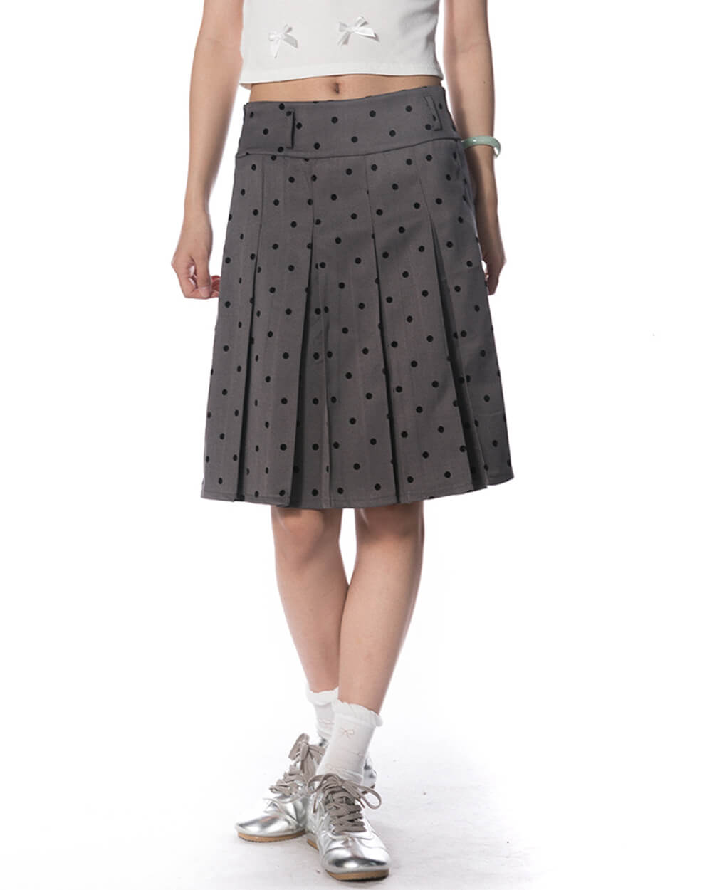 grey polka dot pleated skirt boogzel clothing
