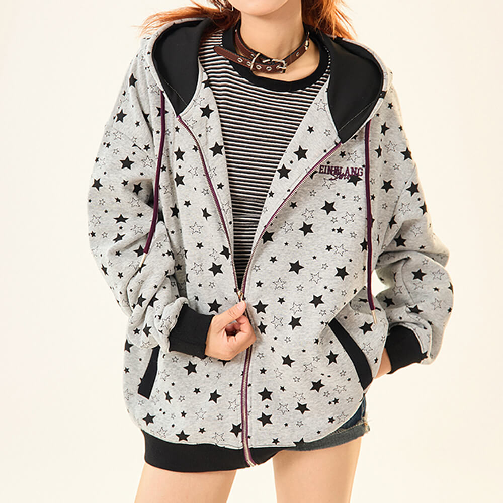 grey star print zip up hoodie boogzel clothing