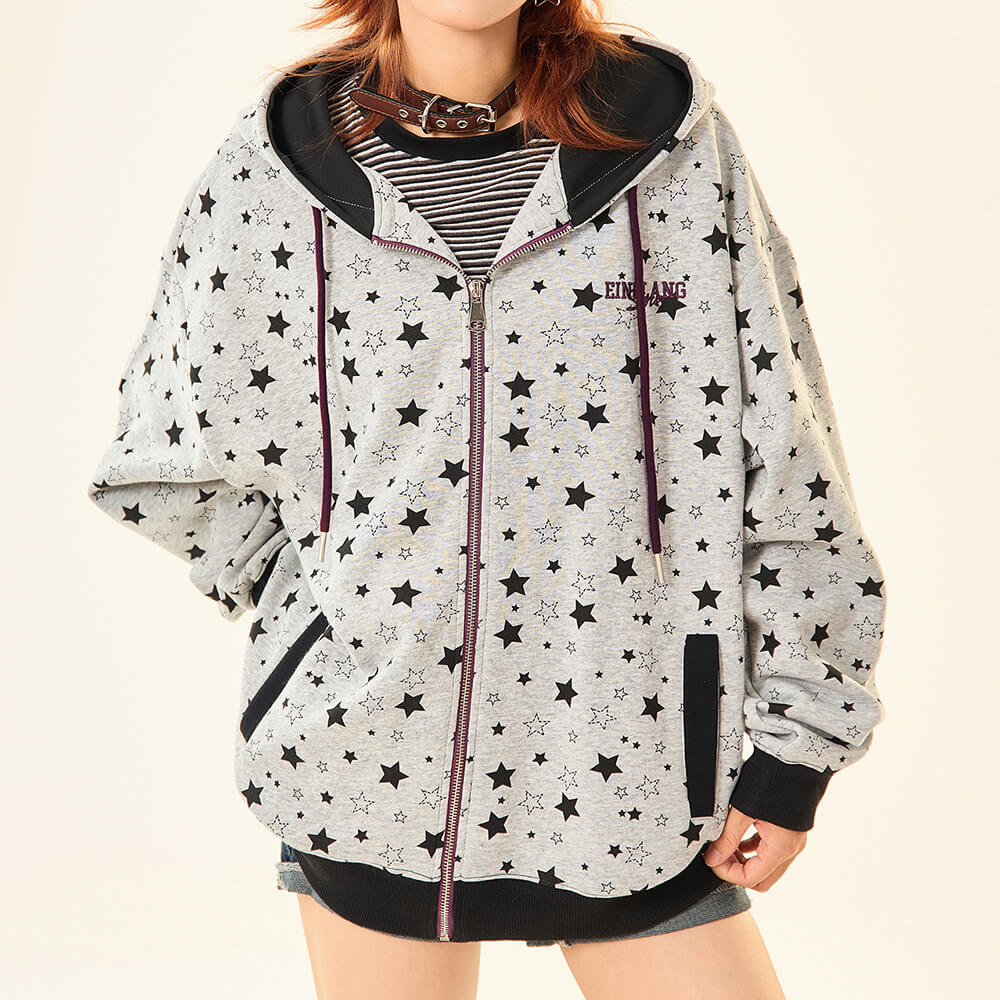 grey star print zip up hoodie boogzel clothing
