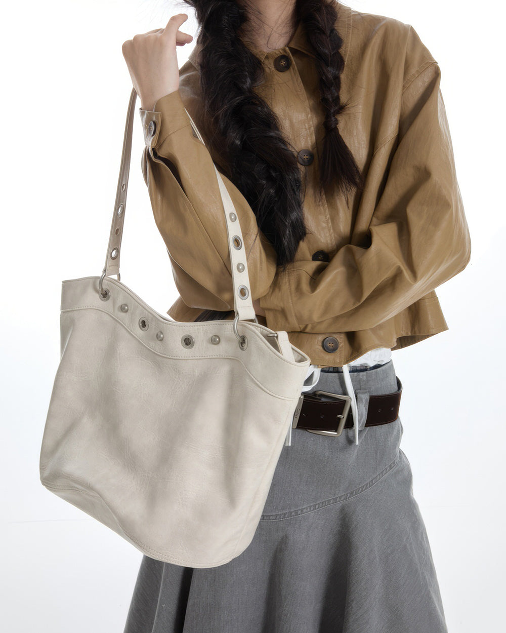 grommet stud beige shoulder bag boogzel clothing