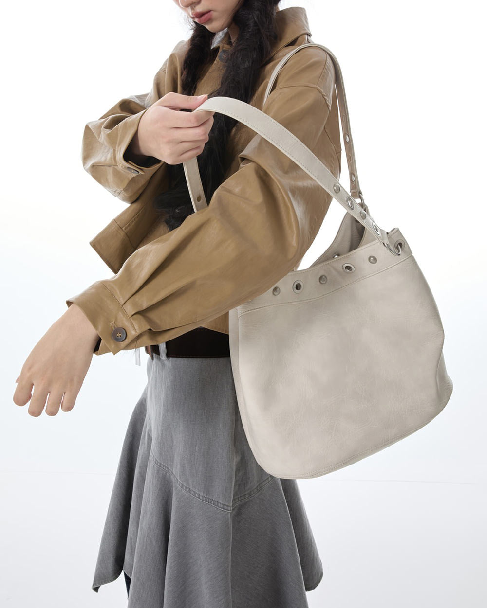 grommet stud beige shoulder bag boogzel clothing