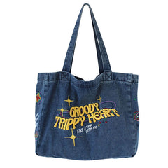 Groovy Trippy Heart Blue Denim Bag boogzel clothing