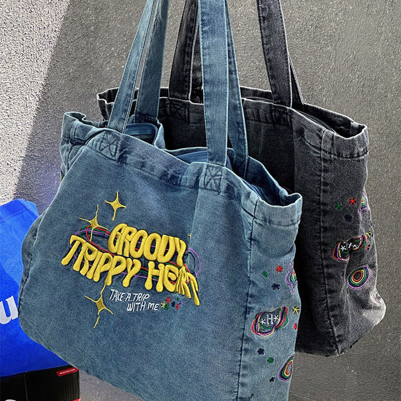 Groovy Trippy Heart Blue Denim Bag boogzel clothing