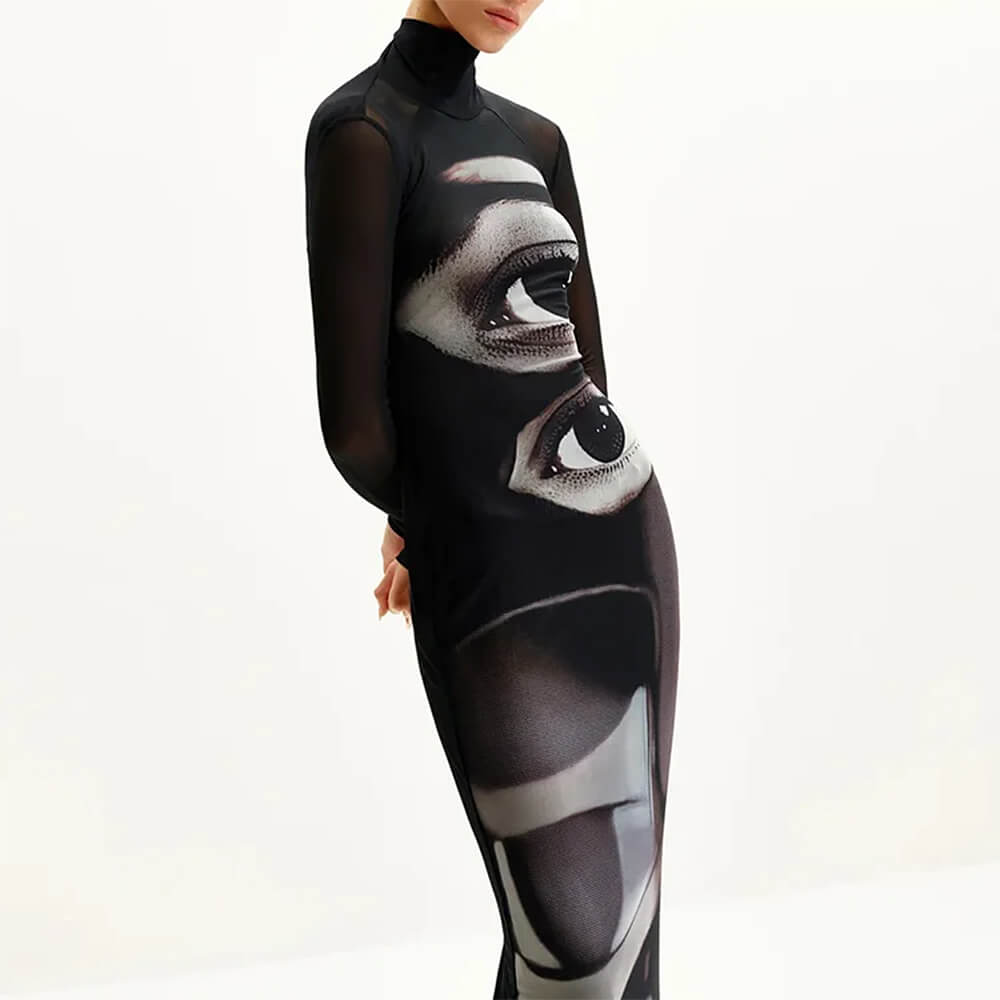 grunge aesthetic eyes print maxi dress boogzel clothing
