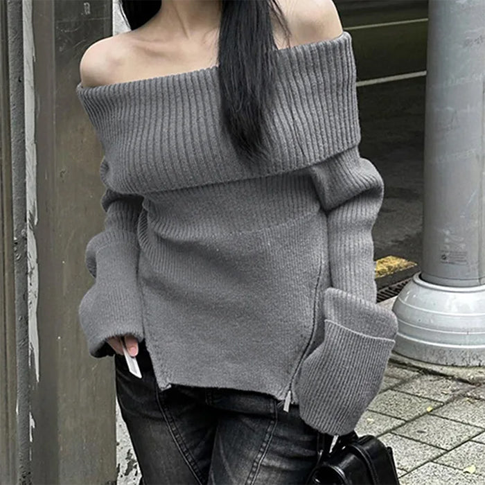 grey off shoulder knit sweater boogzel clothing