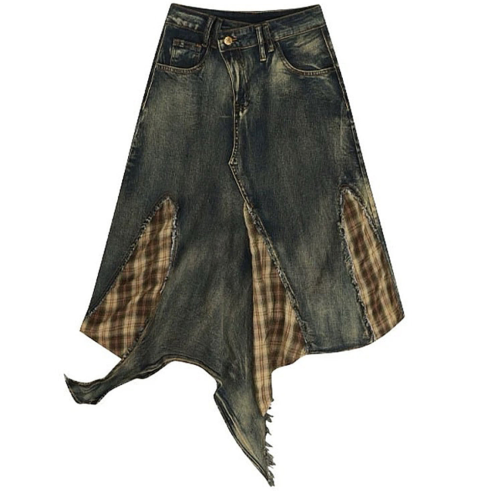 grunge patchwork plaid denim skirt boogzel clothing