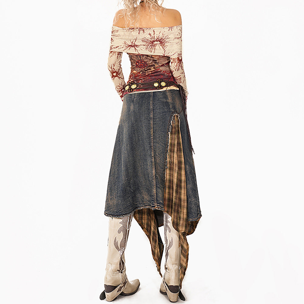grunge patchwork plaid denim skirt boogzel clothing