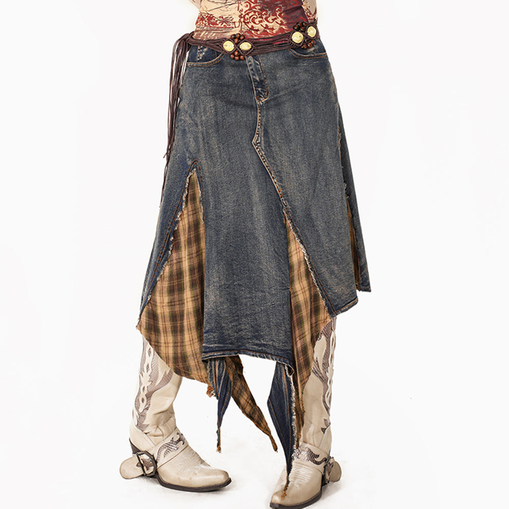 grunge patchwork plaid denim skirt boogzel clothing
