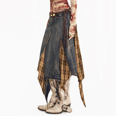 grunge patchwork plaid denim skirt boogzel clothing