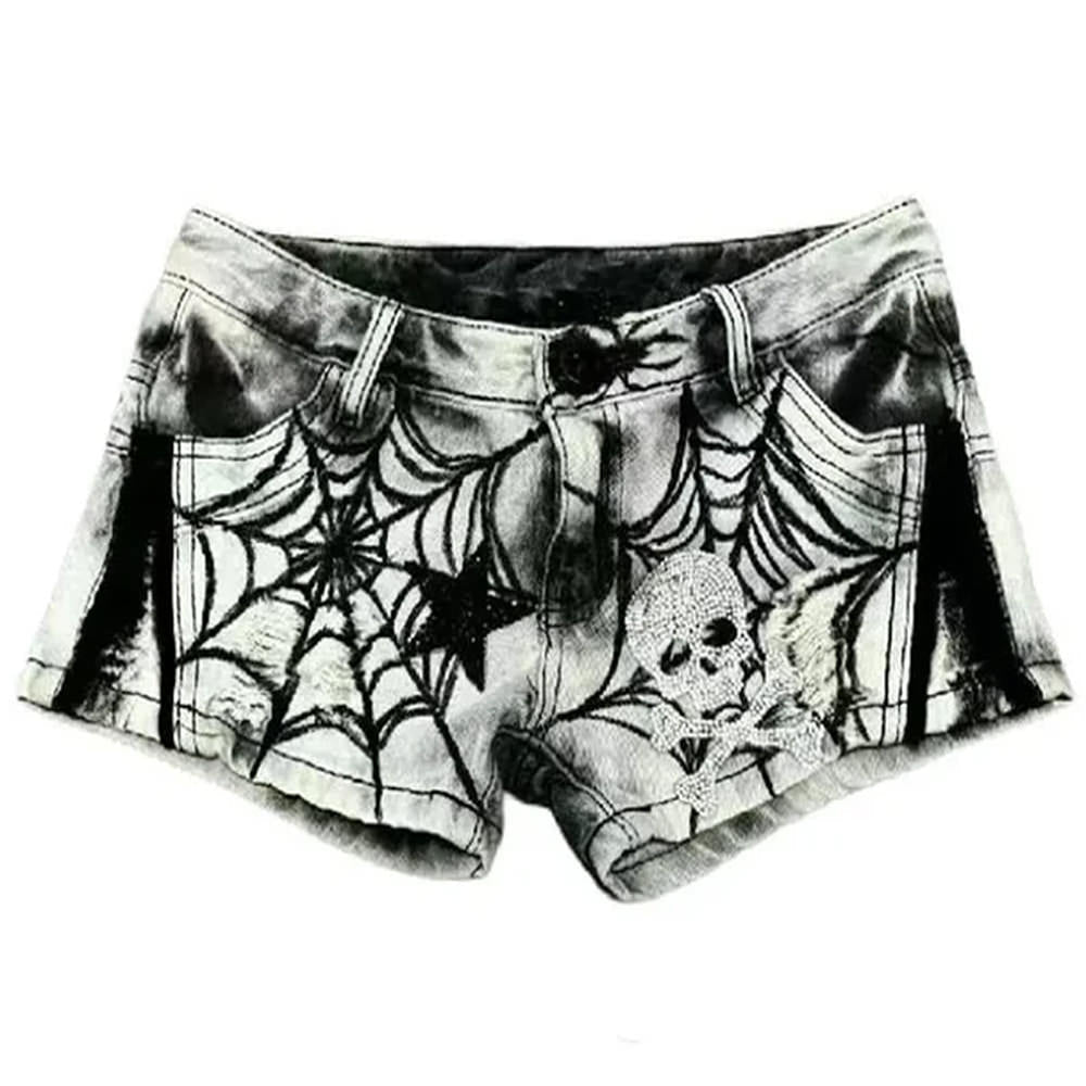 grunge spider web print denim shorts boogzel clothing