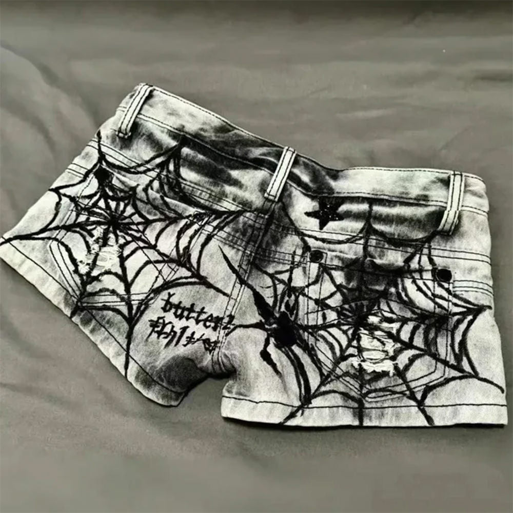grunge spider web print denim shorts boogzel clothing