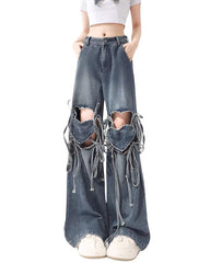 Love Knot Knee-Heart Denim Pants - aesthetic pants