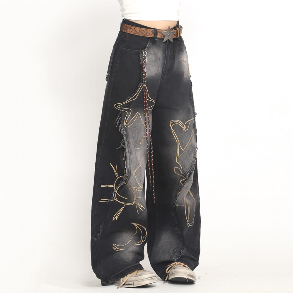 heart and star fringe wide jeans boogzel clothing