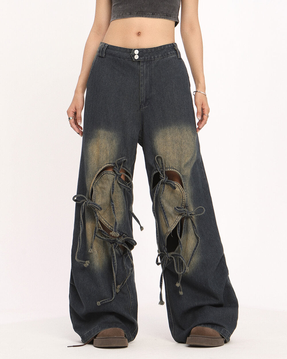 heart bow wide leg skater jeans boogzel clothing