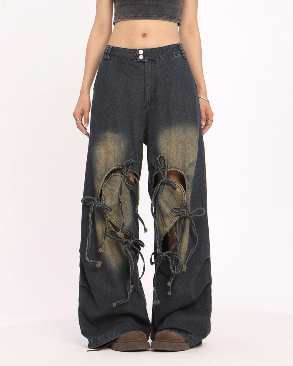 heart bow wide leg skater jeans boogzel clothing