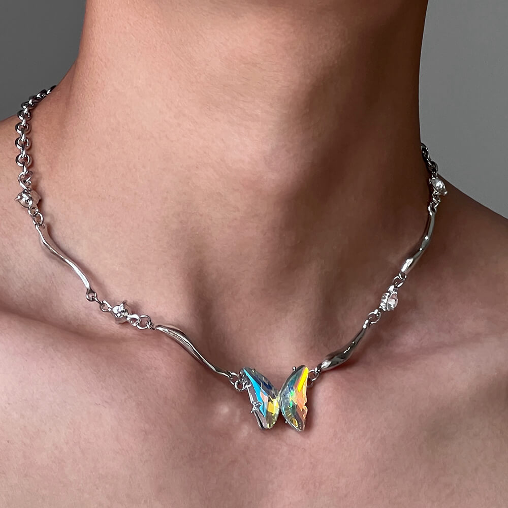 holographic butterfly metal necklace boogzel clothing