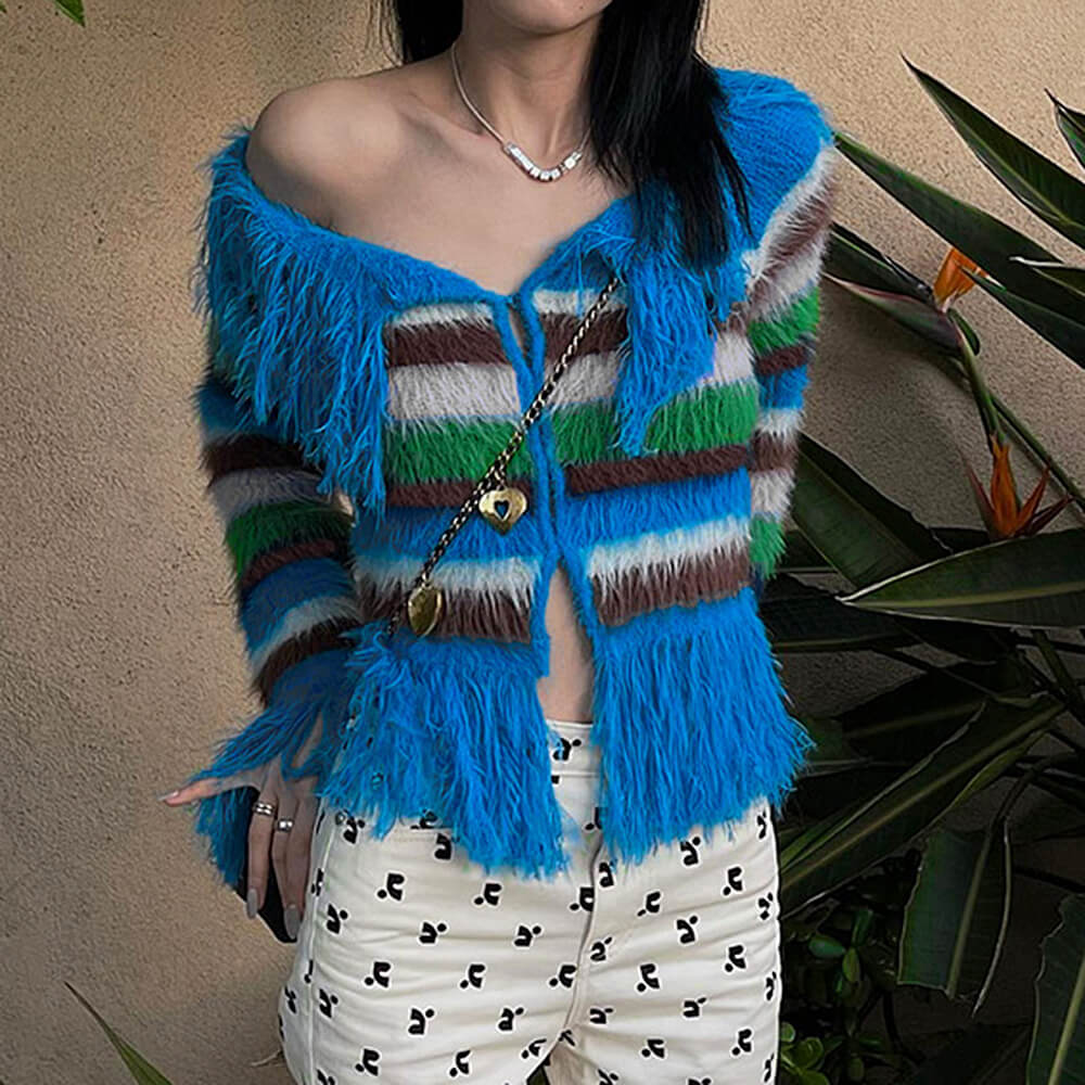 indie aesthetic striped fringe top boogzel clothing