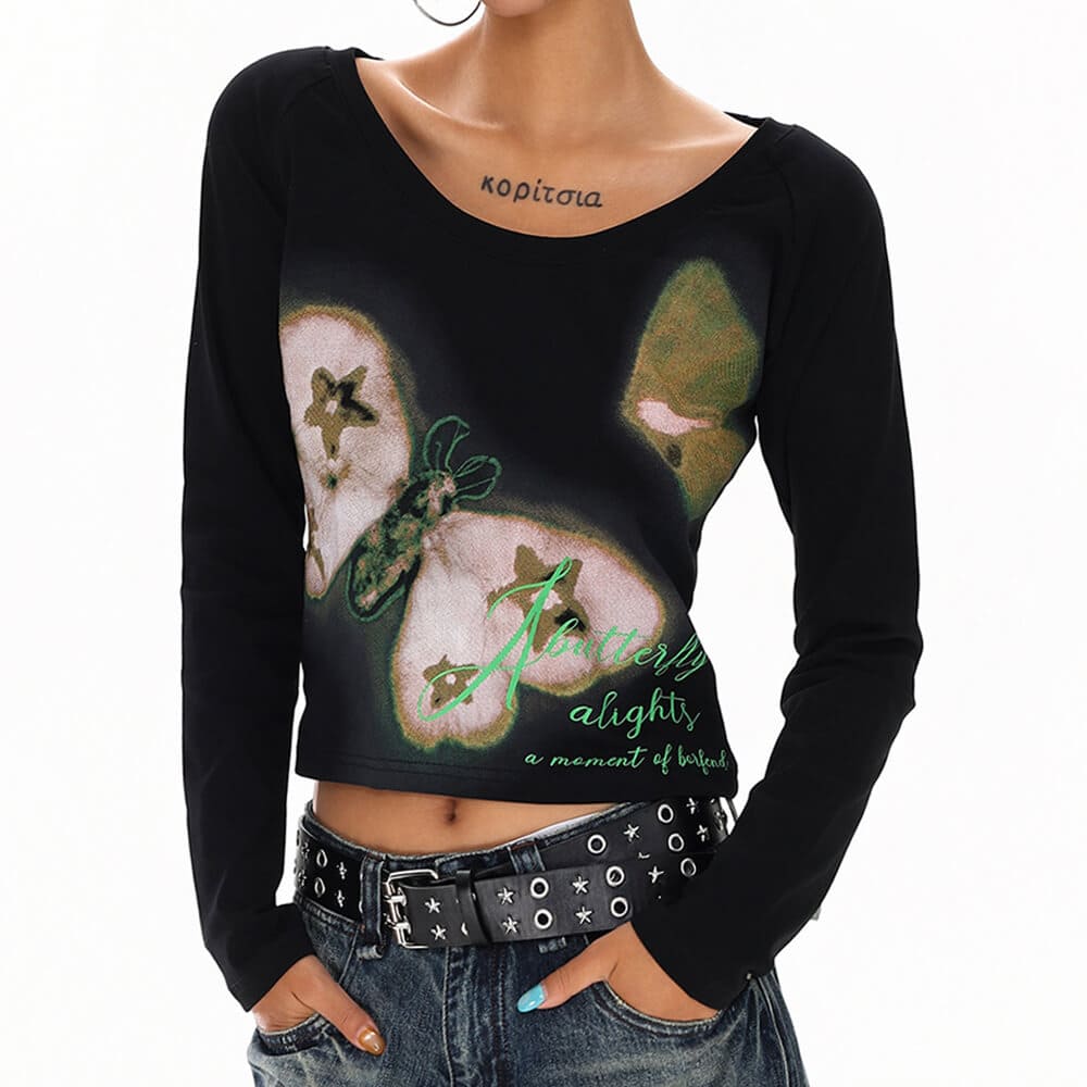 indie butterfly print long sleeve top boogzel clothing