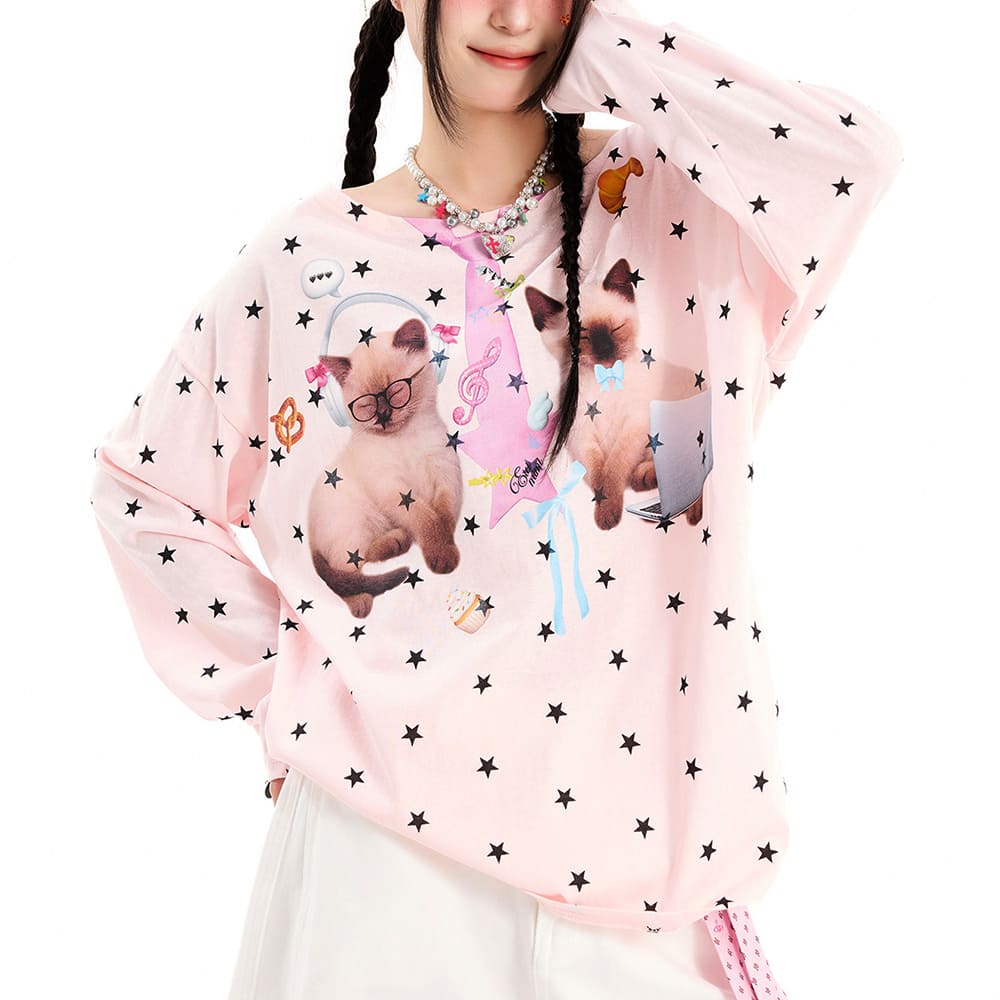 kitten print star long sleeve top boogzel clothing