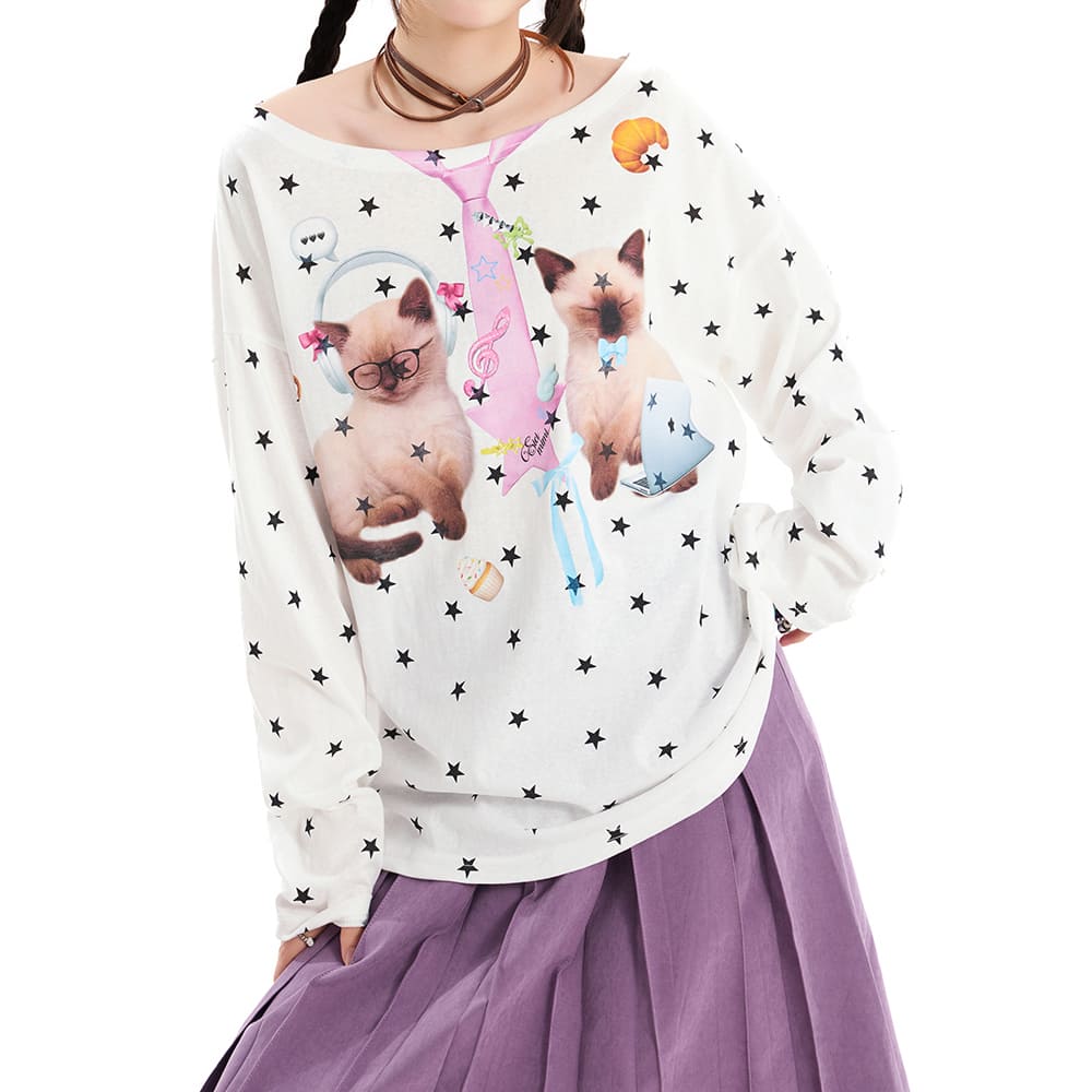 kitten print star long sleeve top boogzel clothing