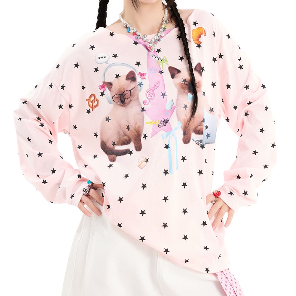 kitten print star long sleeve top boogzel clothing