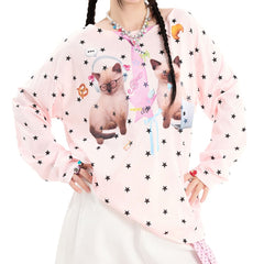 kitten print star long sleeve top boogzel clothing
