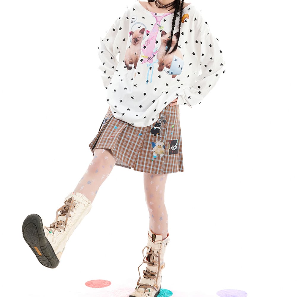 kitten print star long sleeve top boogzel clothing