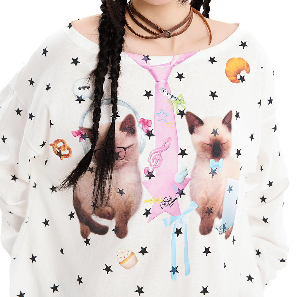 kitten print star long sleeve top boogzel clothing