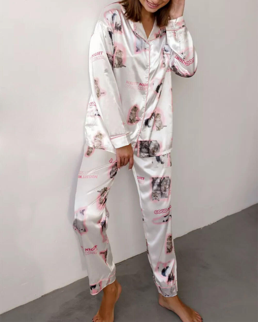kitty satin pajama set boogzel clothing