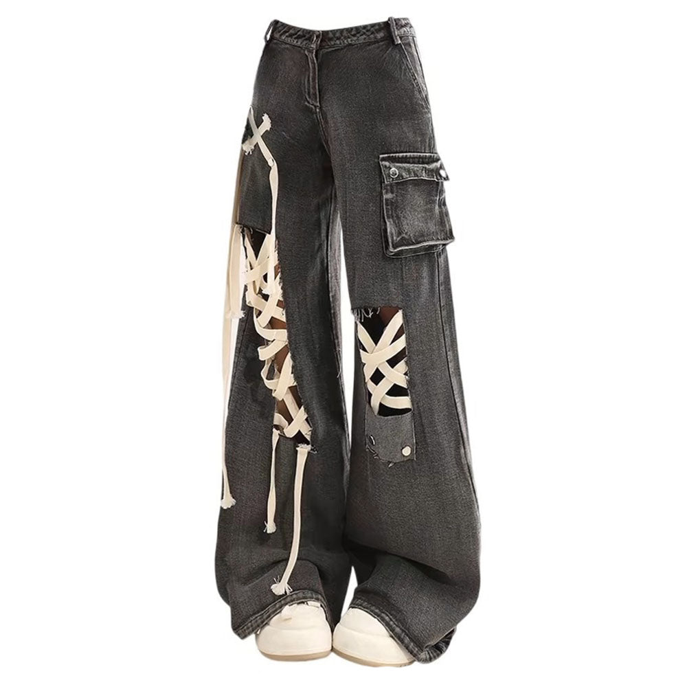 lace up wide leg jeans boogzel clothing