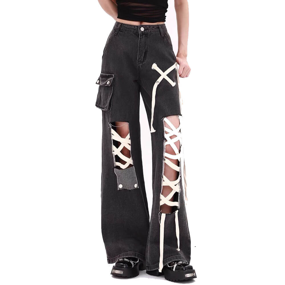 lace up wide leg jeans boogzel clothing