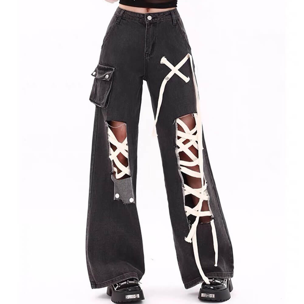 lace up wide leg jeans boogzel clothing