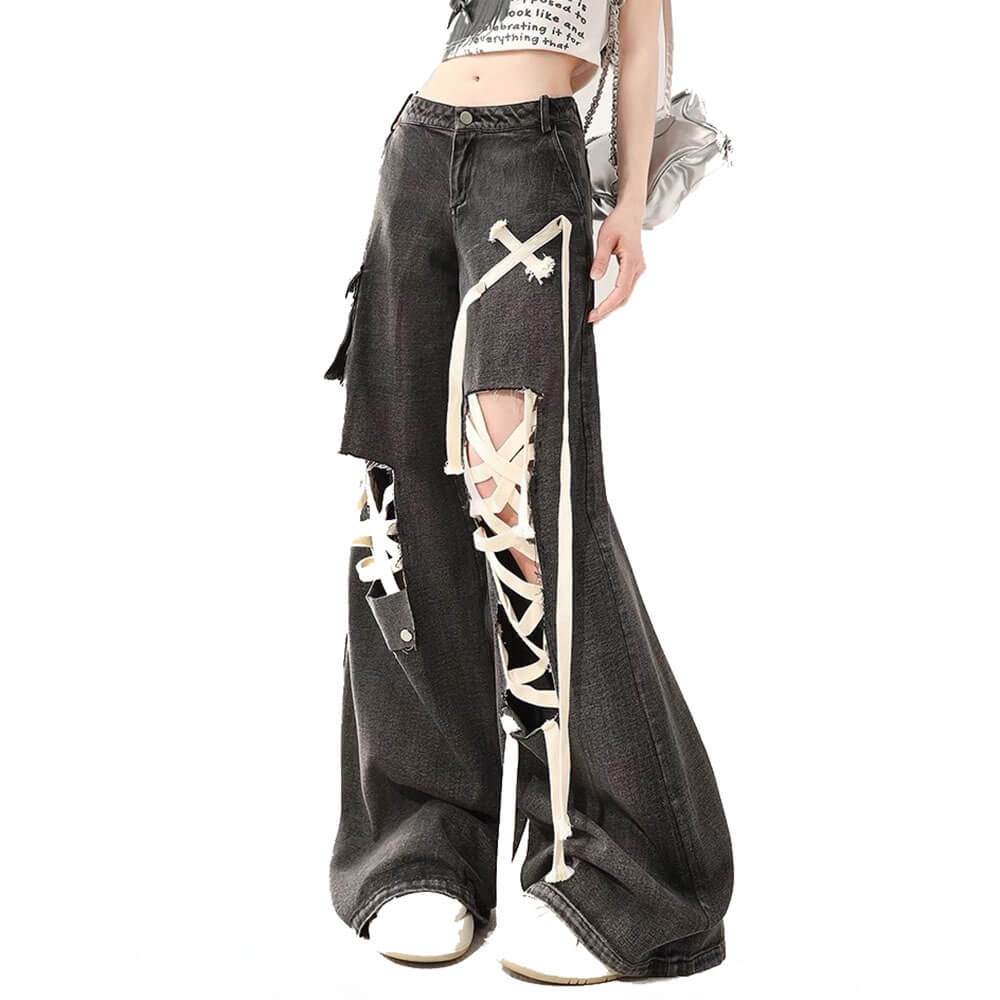 lace up wide leg jeans boogzel clothing