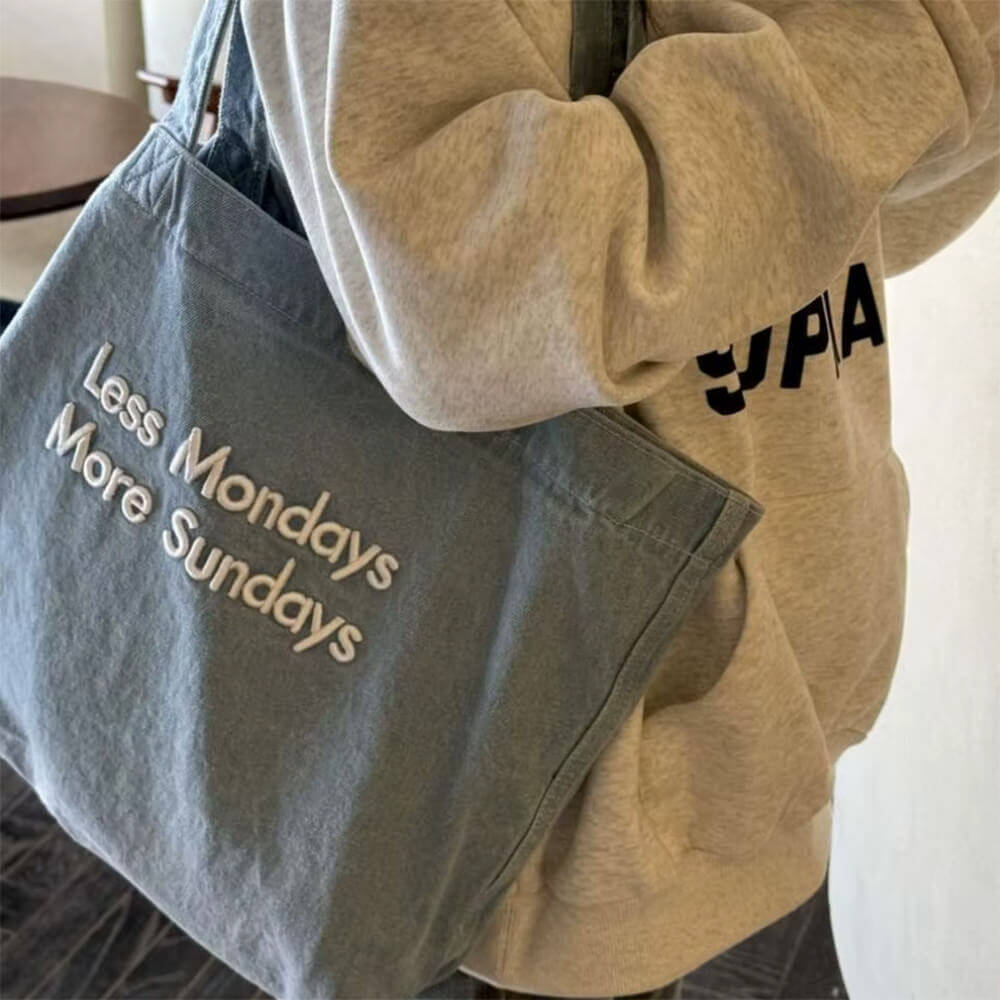 less mondays more sundays denim bag boogzel clothing