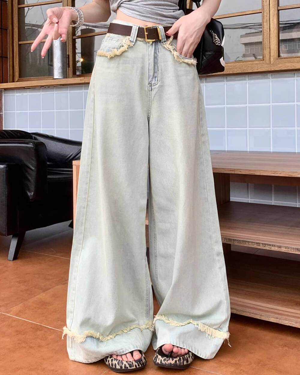 light blue frayed hem wide leg jeans boogzel clothing