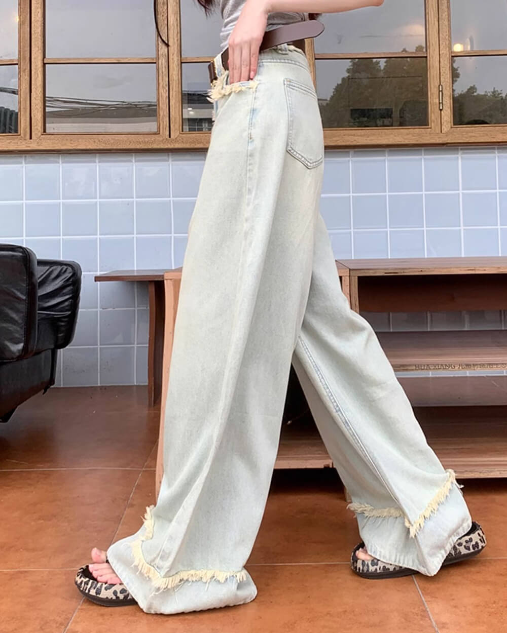 light blue frayed hem wide leg jeans boogzel clothing