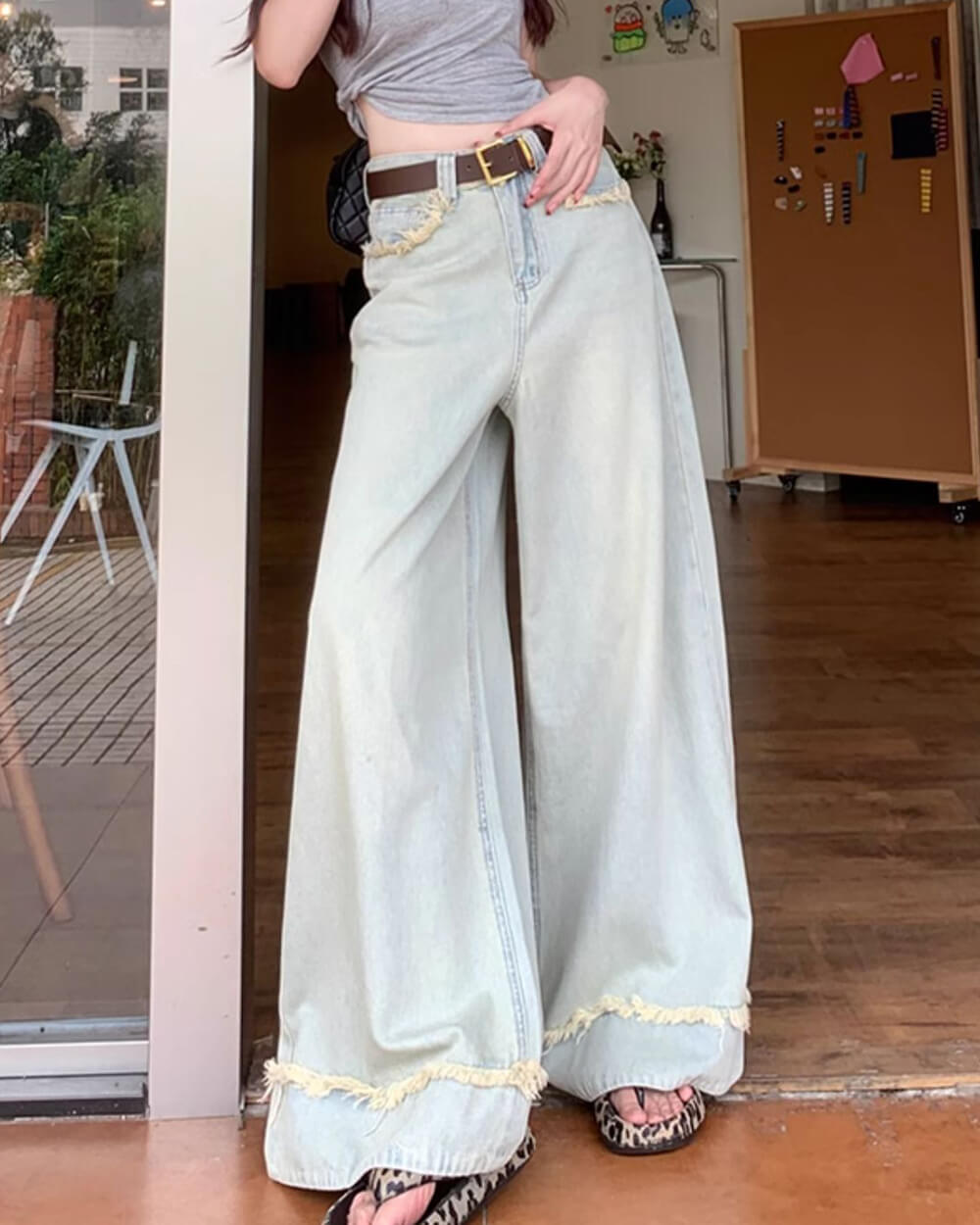 light blue frayed hem wide leg jeans boogzel clothing