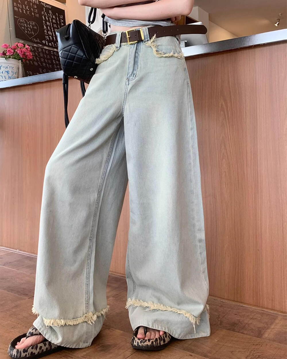 light blue frayed hem wide leg jeans boogzel clothing