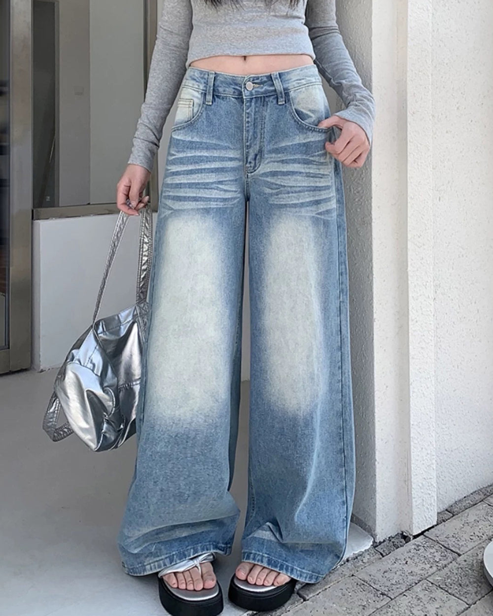 light blue washed wide leg jeans boogzel clothing