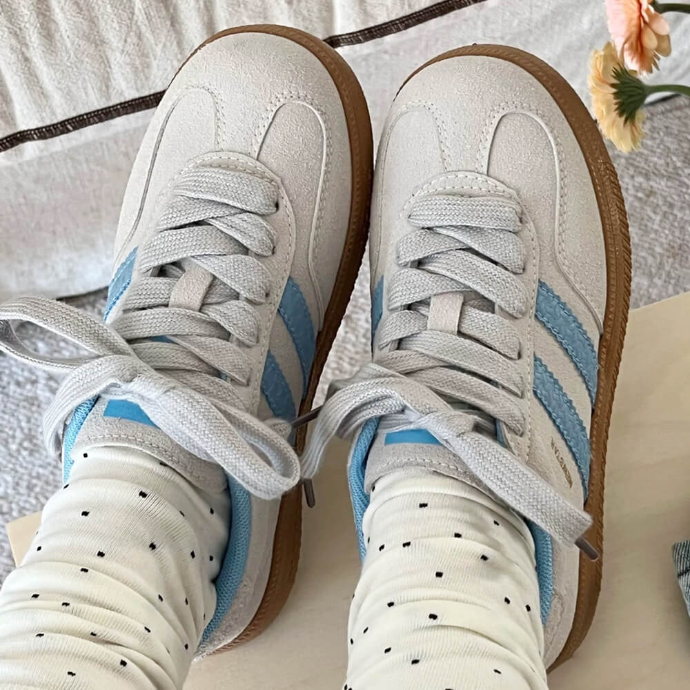 light grey and blue stripe sneakers boogzel clothing