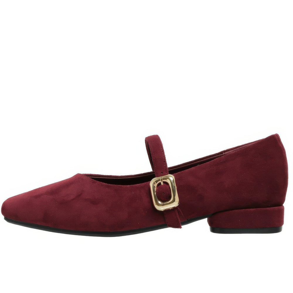 This aesthetic Mary Jane shoe featuring a square toe, low block heel, and soft suede-like surface. Designed with a slim strap and shiny gold buckle