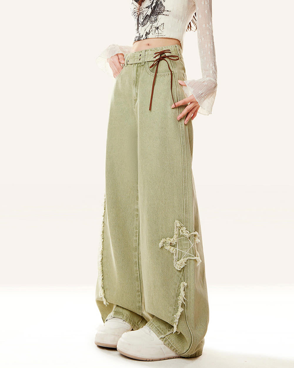 matcha green star wide leg jeans boogzel clothing