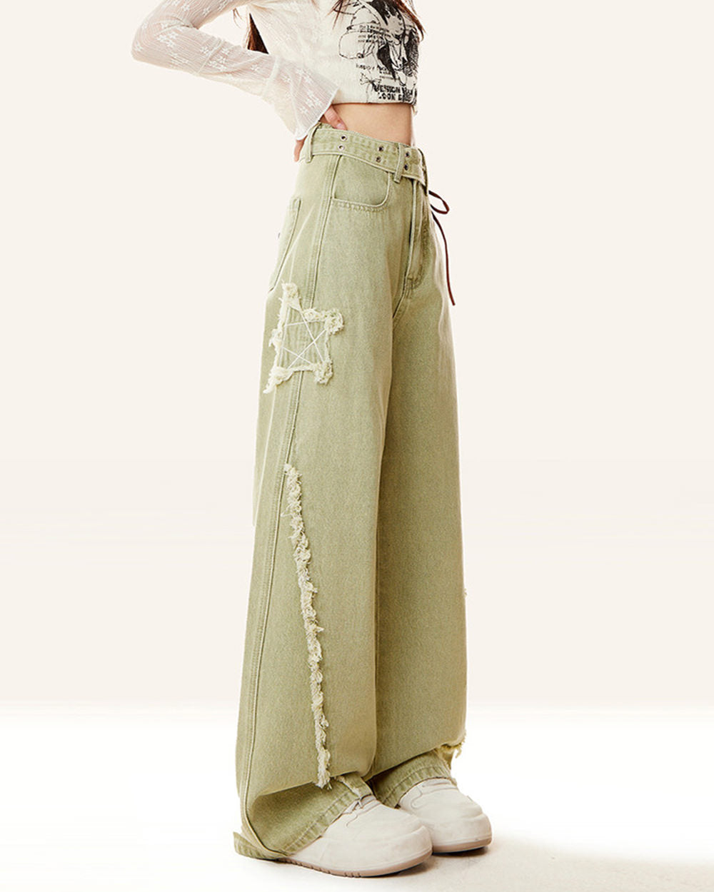 matcha green star wide leg jeans boogzel clothing