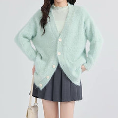 mint green fuzzy cardigan boogzel clothing