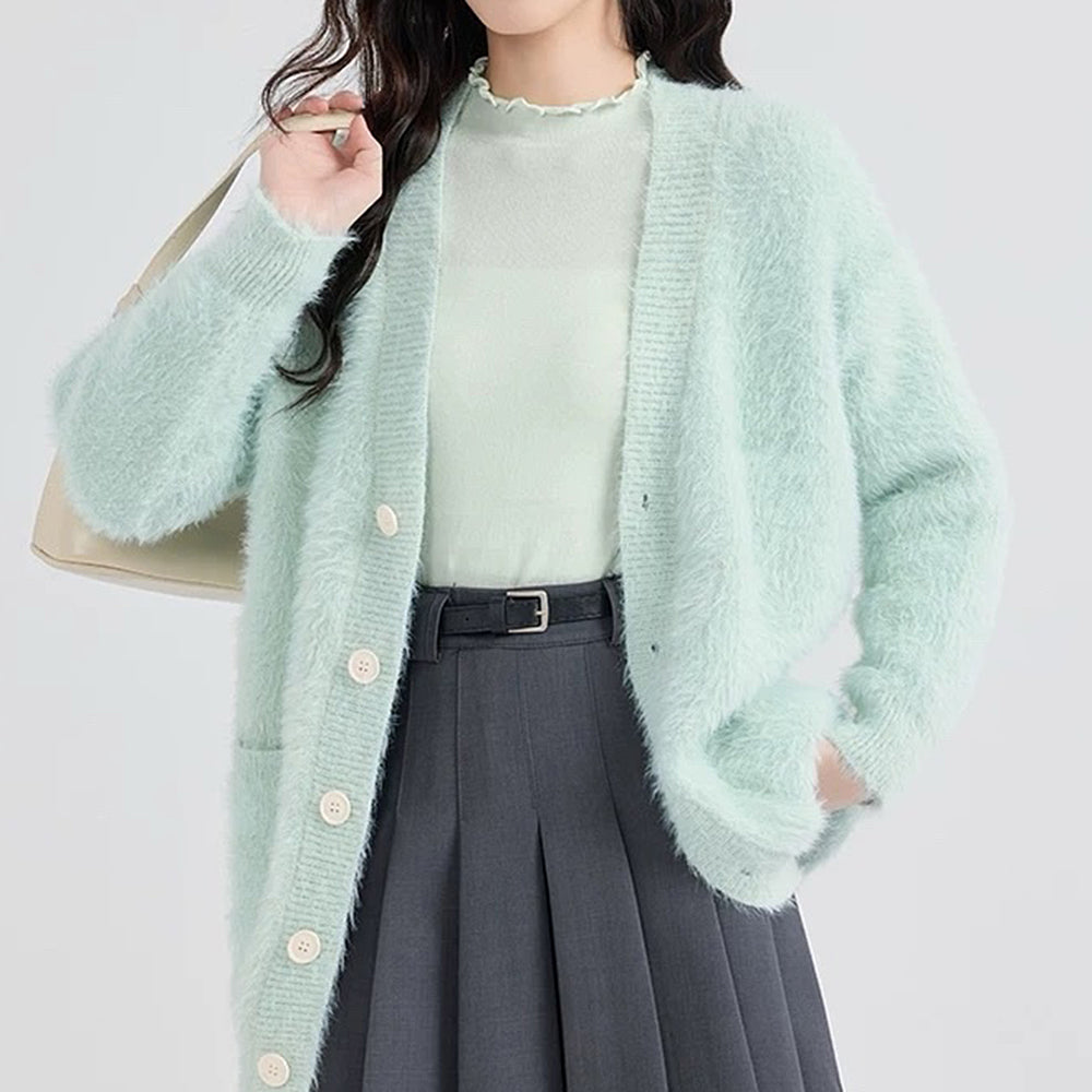 mint green fuzzy cardigan boogzel clothing