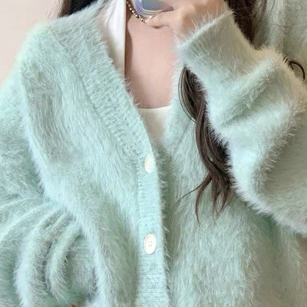mint green fuzzy cardigan boogzel clothing